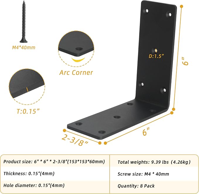 8-Pack 6" x 6" x 2⅜" L Right Angle Bracket, Heavy Duty Corner Bracket | - Image 2