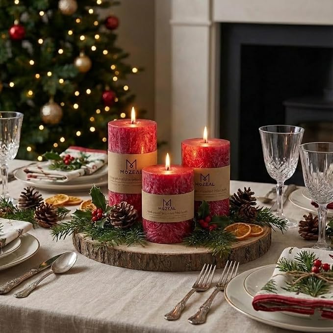 MOZEAL Hand-Poured, Unscented Red Crystal Pillar Decorative Candles, Elegant - Image 5
