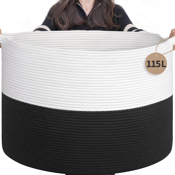 INDRESSME 115L Extra Large Woven Rope Blanket Basket Living Room WhiteBlack | by INDRESSME