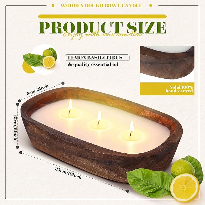 Threlaco 1 Pack 10 Inch Wood Dough Bowl Candles Home Rustic Dough Bowl Soy - Image 2