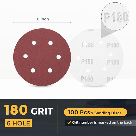 HARFINGTON 100 Pcs 6 Inch Sanding Discs 180 Grit Red Aluminum Oxide 6 Hole | - Image 2