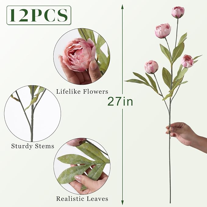 12 Pcs 27" Faux Silk Peony Artificial Flowers Stems - Image 5