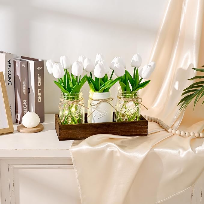 BLEUM CADE 3Pcs Mason Jar with Artificial Tulip Flowers Wood Tray and Light | - Image 5