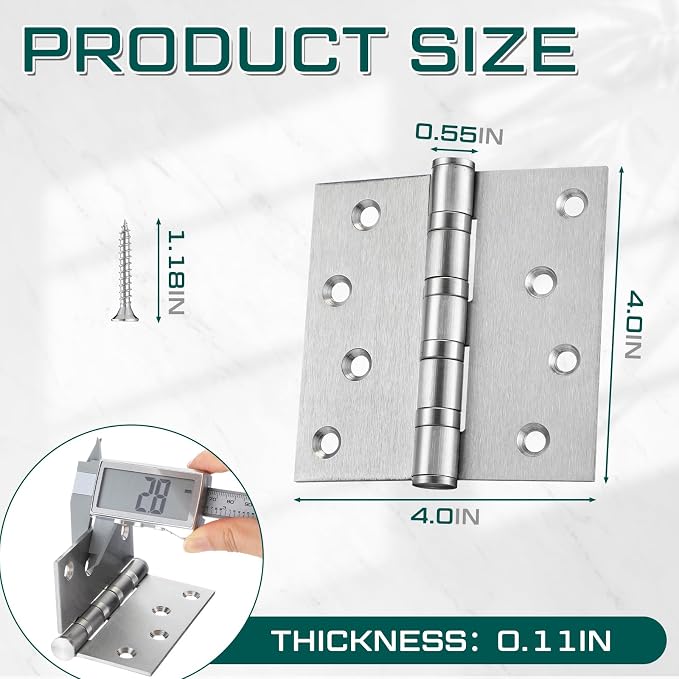 6 Pcs Silver 4'' Ball Bearing Door Hinges, Square Corner | Stainless Steel - Image 3
