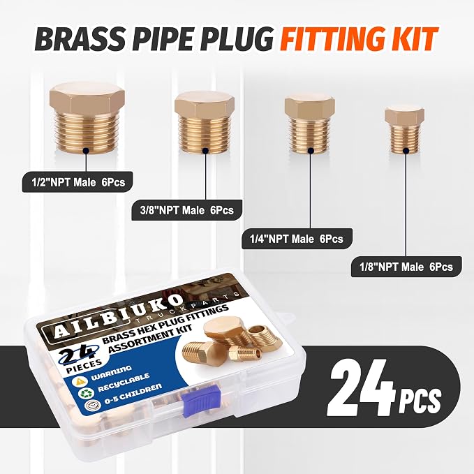 24PCS Brass Hex Pipe Plug Fittings, 1/8" 1/4" 3/8" 1/2" NPT Male | 1/8 Inch - Image 2