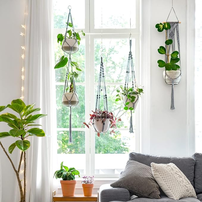 Mkono Macrame Plant Hanger Indoor 35 Inch Hanging Planter Basket Grey 2Pc | - Image 5