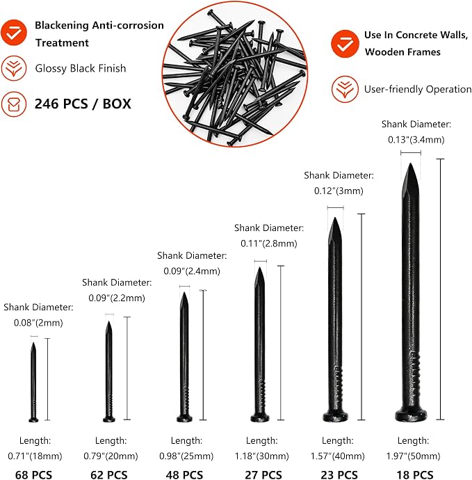 246PCS Black Cement Steel Nails Assortment Kit, 6 Sizes Heavy Duty Flat Head - Image 2