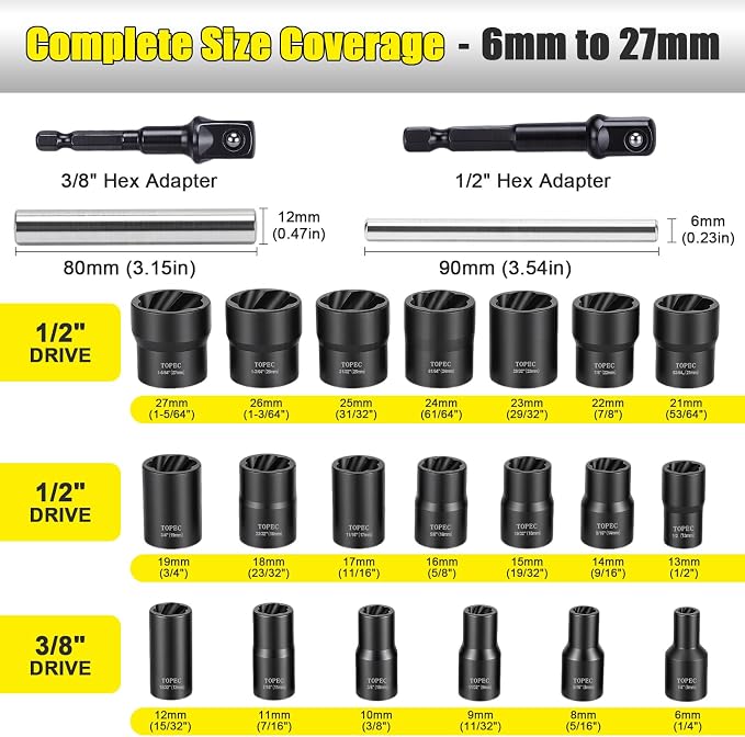 Bolt Extractor Kit 24 Pieces, 3/8'' 1/2'' Drive Lug Nut Extractor Set | Bolt - Image 3