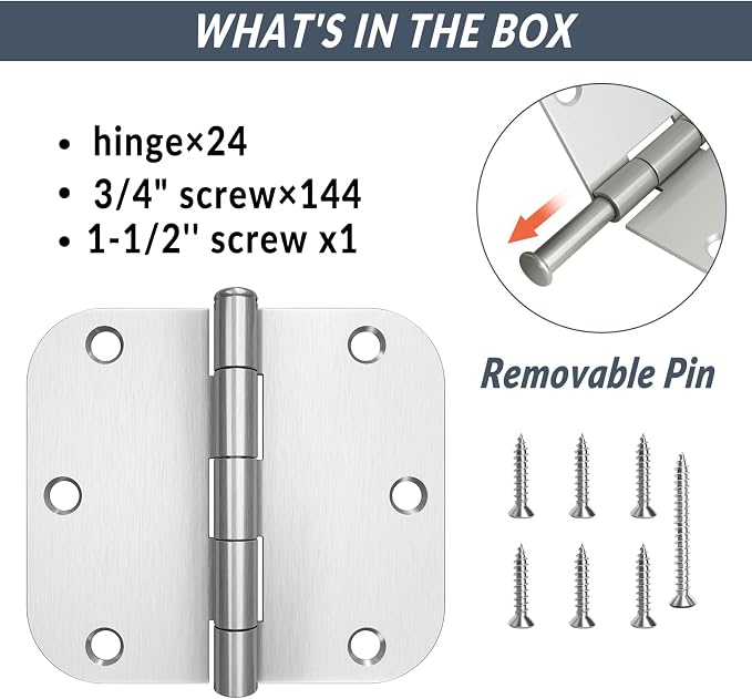 HOSOM 24 Pack Rounded Door Hinges Brushed Nickel 3.5 x 3.5 inch - Image 3