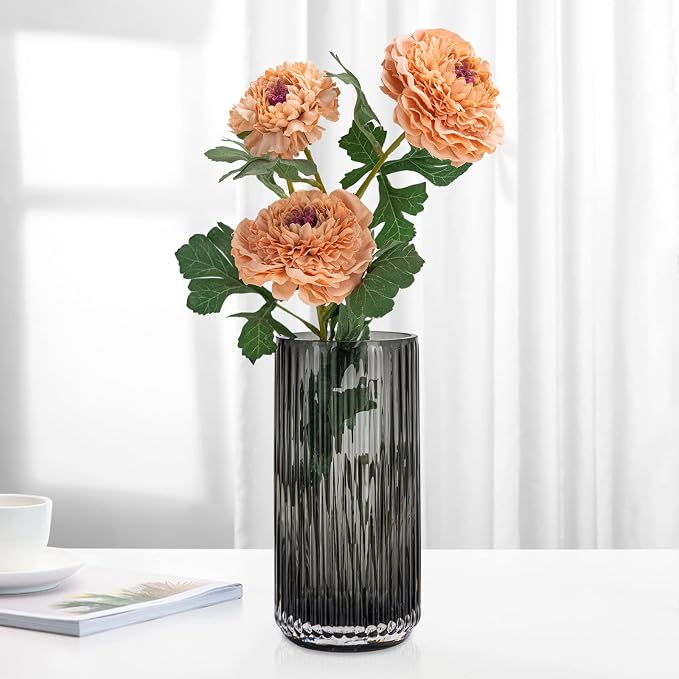 Flower Vase 10 inch Grey Thickened Hand Blow Glass Vase Round Vintage Striped - Image 5
