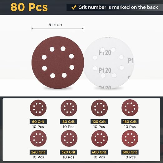 HARFINGTON 80Pcs 5Inch Sanding Disc 8 Hole Hook and Loop Sandpaper Red | - Image 2