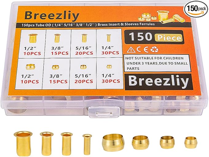 150PCS Tube OD（1/4" 5/16" 3/8" 1/2") Brass Compression Sleeves Ferrules & Insert by Breezliy