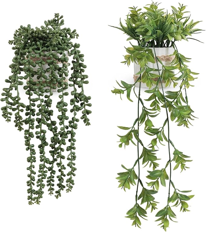 2 Pack Fake Hanging Plants, Faux Eucalyptus Vine Fern and String of Pearls | by Fuxdre