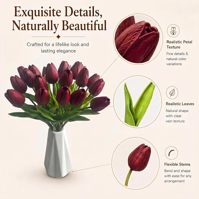 Mandy's 20pcs Artificial Burgundy Tulips | 13.5 Inch Lifelike PU Tulips Faux - Image 4