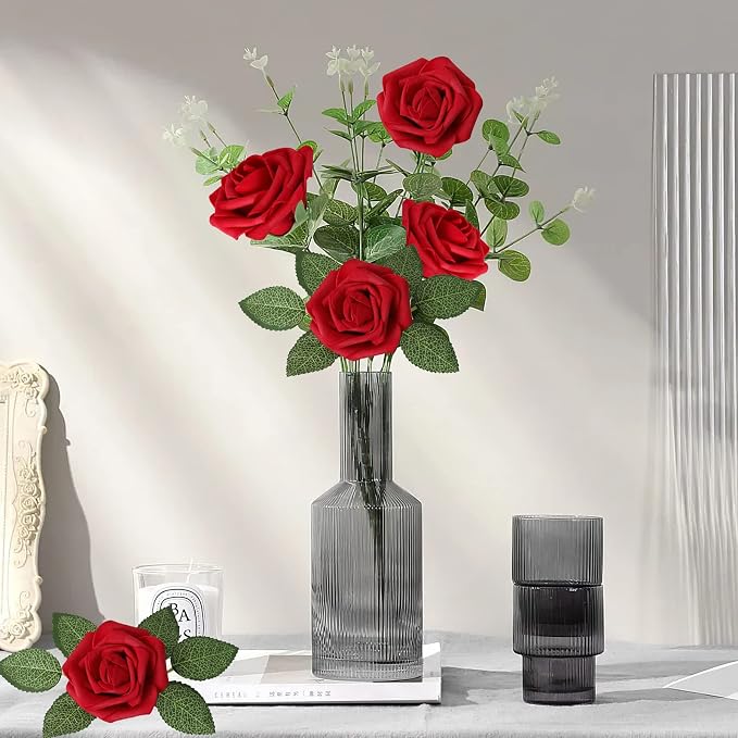 AmyHomie Dark Red Rose 100pcs Real Looking Artificial Flowers w/Stem | Bouquet - Image 4