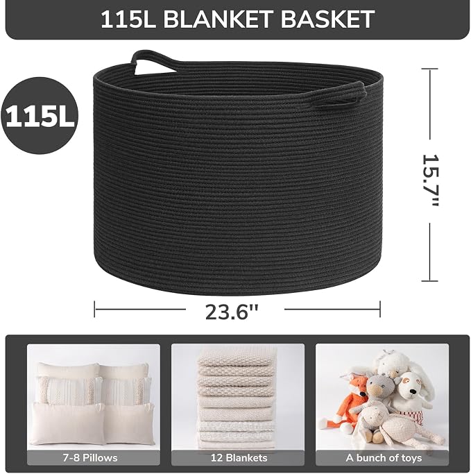INDRESSME 115L Extra Large Woven Rope Blanket Basket Living Room, bedroom or - Image 2