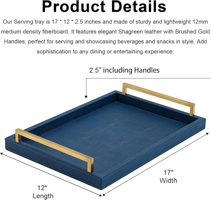 XIGEXIGE Navy Blue Decorative Serving Tray, Shagreen Leather Coffee Table Tray - Image 4