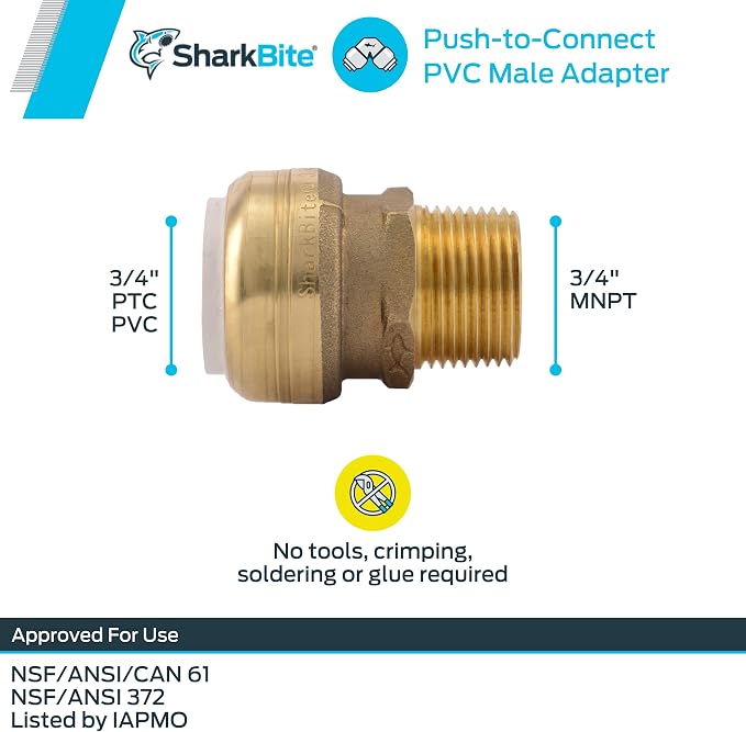 SharkBite 3/4 Inch PVC x 3/4 Inch MNPT Adapter, Push to Connect Brass Plumbing - Image 5