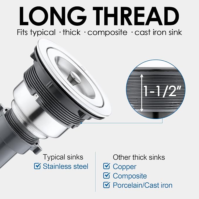 3-1/2-inch Kitchen Sink Drain, 304 Stainless Steel Removable Deep Basket - Image 4
