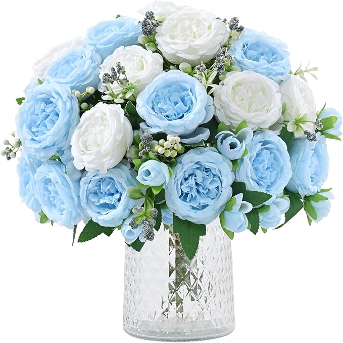4 Packs Peonies Artificial Flowers Mixed White Blue Silk Artificial Peonies | by MARTINEMALL
