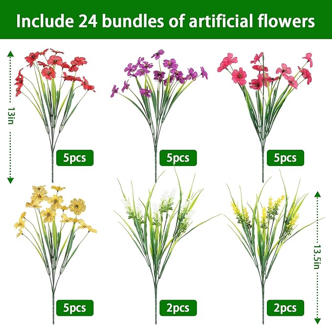 24PCS Fake Flowers Outdoor, UV Resistant Artificial Silk Flowers | Realistic - Image 2
