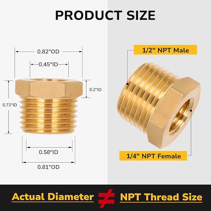 NPT Reducer, 1/2" NPT Male × 1/4" NPT Female, Brass Hex Bushing, Brass Pipe - Image 2