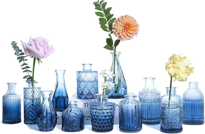 UPBUD Glass Blue Bud Vases Set of 12, Mini Vases by UPBUD