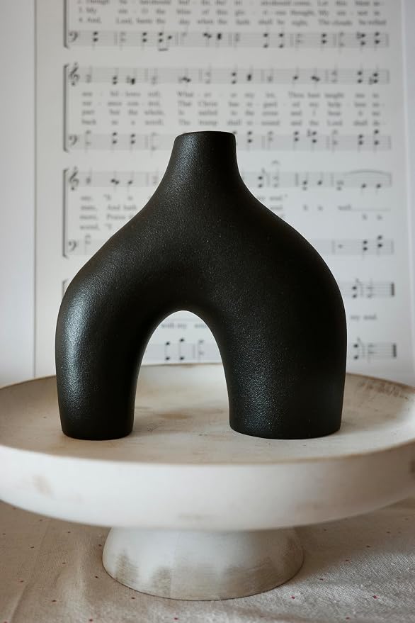 Carrot's Den Black Ceramic Modern Vase Set of 2, Donut Shelf Decor, mantel - Image 7