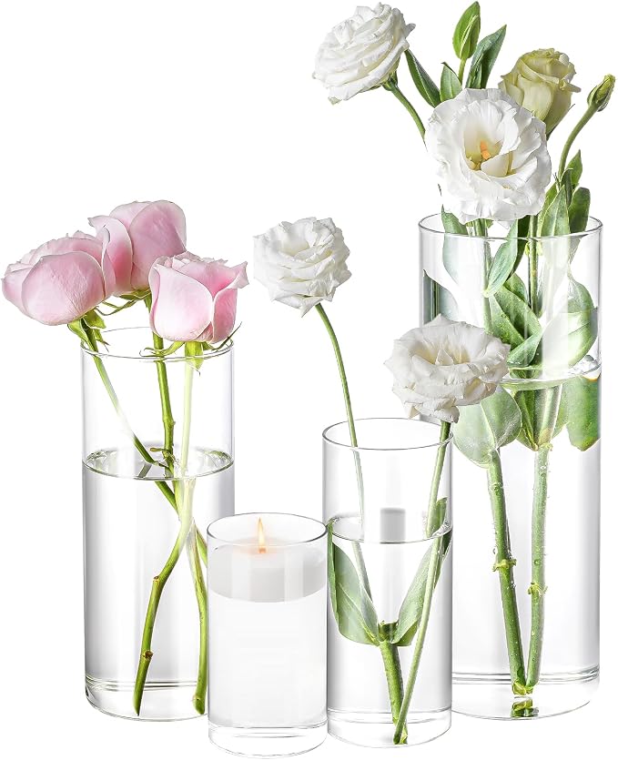4 Pack Glass Cylinder Vases 4, 10 Inch Tall Clear Flower Vase Hurricane by Homjoy