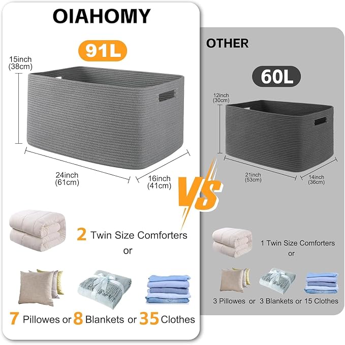 OIAHOMY XXLarge Rectangle Blanket Basket-96L, Cotton Woven Basket - Image 3