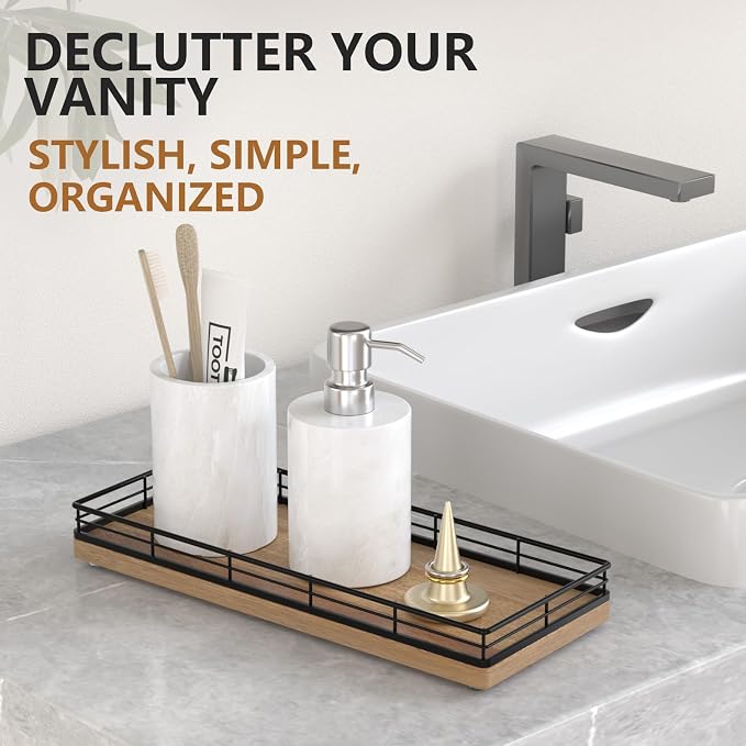 Bathroom Tray for Counter Top Organizer, Acacia Wood Vanity Tray | Metal Frame - Image 3