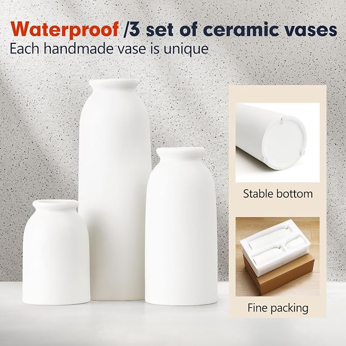 White Ceramic Vases Set of 3, Small Flower Decorative Vase Waterproof | - Image 3