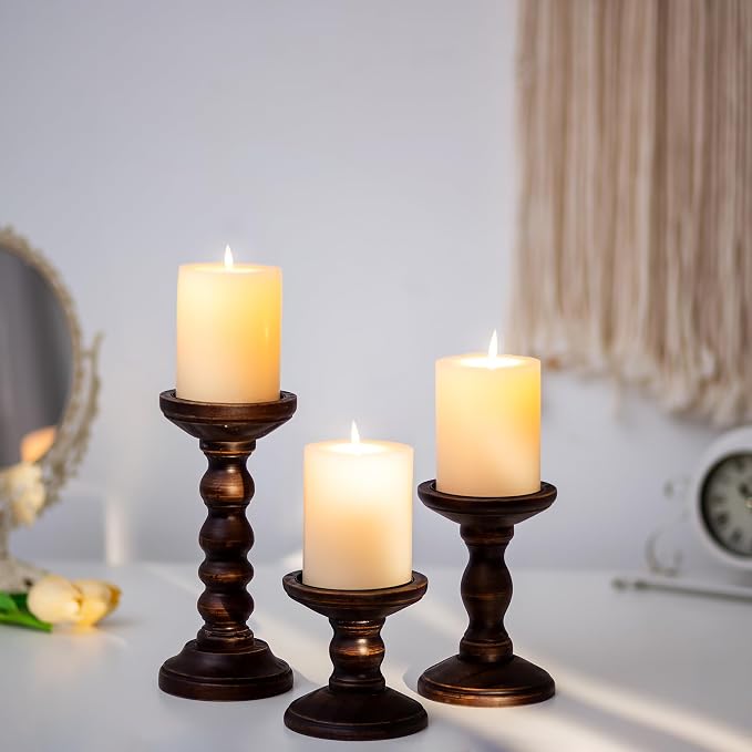 Romadedi Wood Candle Holders for Pillar, Dark Brown, Farmhouse Candle Stand - Image 7