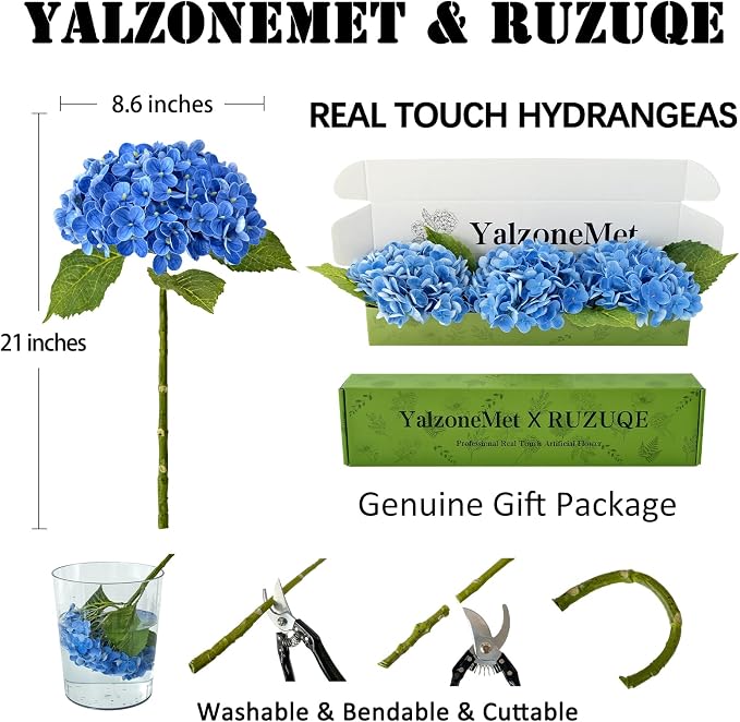 YalzoneMet 3 PCS Dark Blue Hydrangea Artificial Flowers 21 inches Real Touch - Image 4