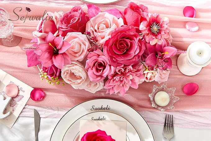 Serwalin Hot Pink Artificial Flowers, Silk Rose Fake Flowers - Image 7
