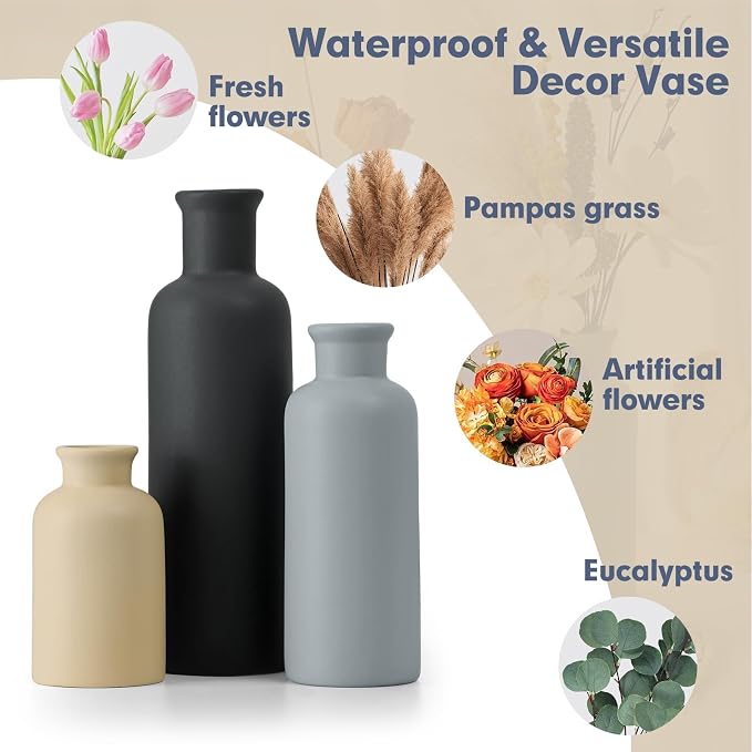 Ceramic Vase Set of 3, Neutral Rustic Vases - Image 7