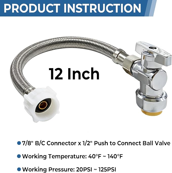 TTFLEX 12" Toilet Hose Kit 3/8" COMP x 7/8" BC, 1/2" Push Angle Stop Valve | - Image 5