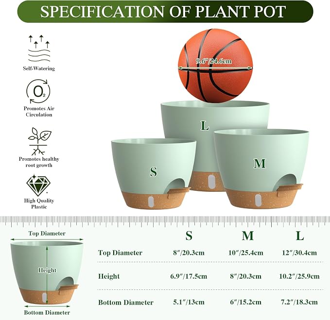 Self Watering Pots with Drainage Holes, 3 Pack 12/10/8 Inch Plant Pots with - Image 2