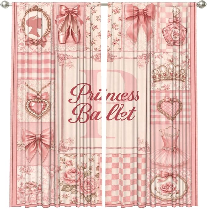 Princess Ballet Pink Floral Bow Window Curtains 2 Panels Set, 52 X 84 Inch - Image 2