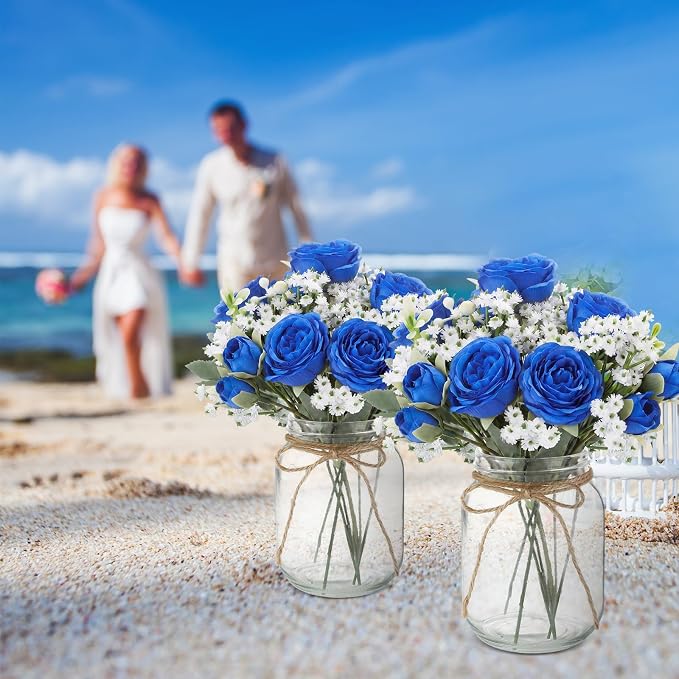 6 Sets Mason Jar Flowers Centerpiece Table Decorations, Royal Blue | Faux - Image 7