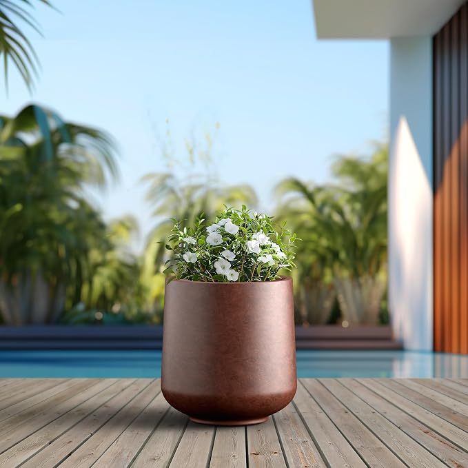 Kante Large Round Curved Rusty Concrete Planter 16.5" Dia, Outdoor | Rubber Plug - Image 4