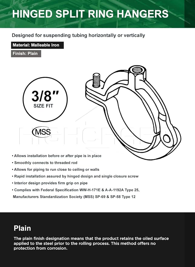 HIGHCRAFT HINGB-38-10 Industrial Decor Hinged Split Ring Pipe Hanger 3/8 in. - Image 5