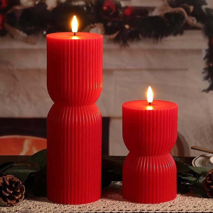 Red Ribbed Flameless Pillar Candles - Image 7