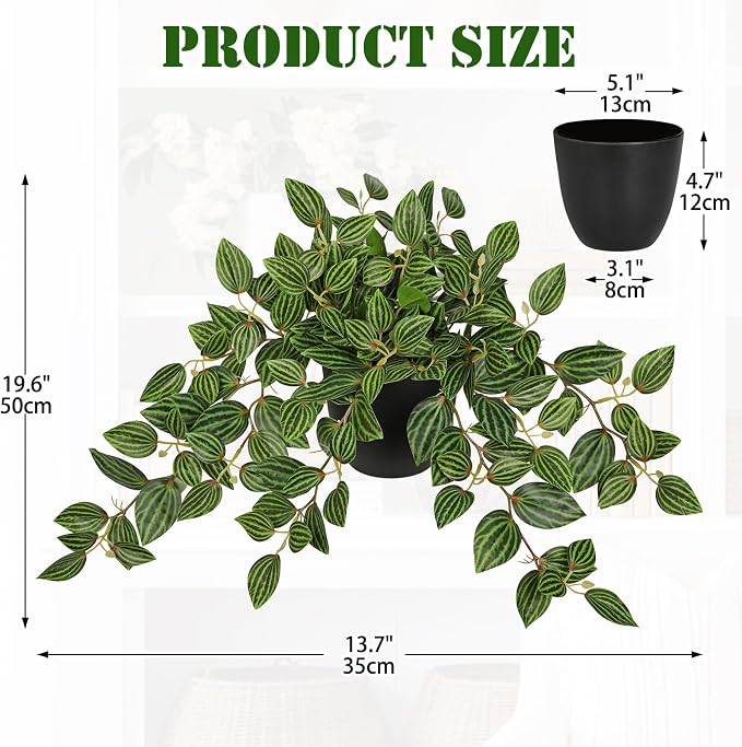 Briful Artificial Potted Plant Indoor, 19.6" Faux Watermelon Peperomia Trailing - Image 2