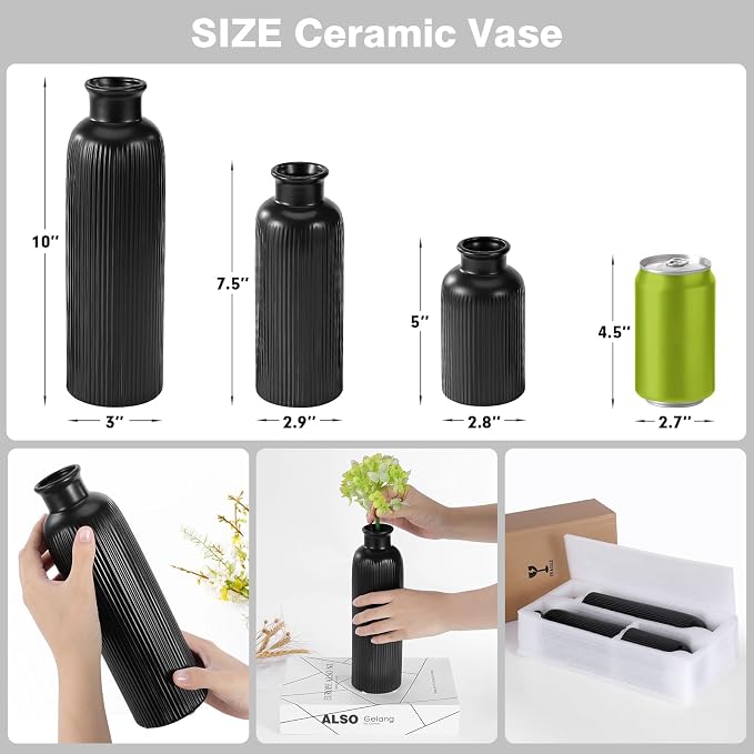 Small Black Ceramic Vase Set of 3, Boho Modern Black Flower Vase Room Decor - Image 2