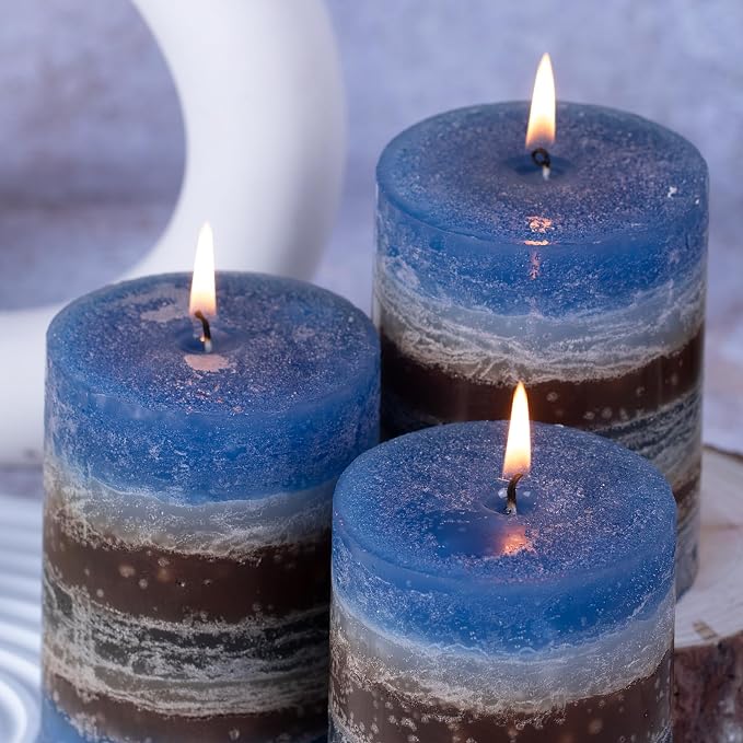 KONNI Layered Pillar Candles Set of 3, 2.8"x 4" Table Decor Blue Coffee | - Image 6