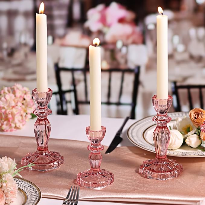 Pink Candlestick Holders Set of 6, Glass Taper Candle Holders | 4.3"H & 6.3"H - Image 3