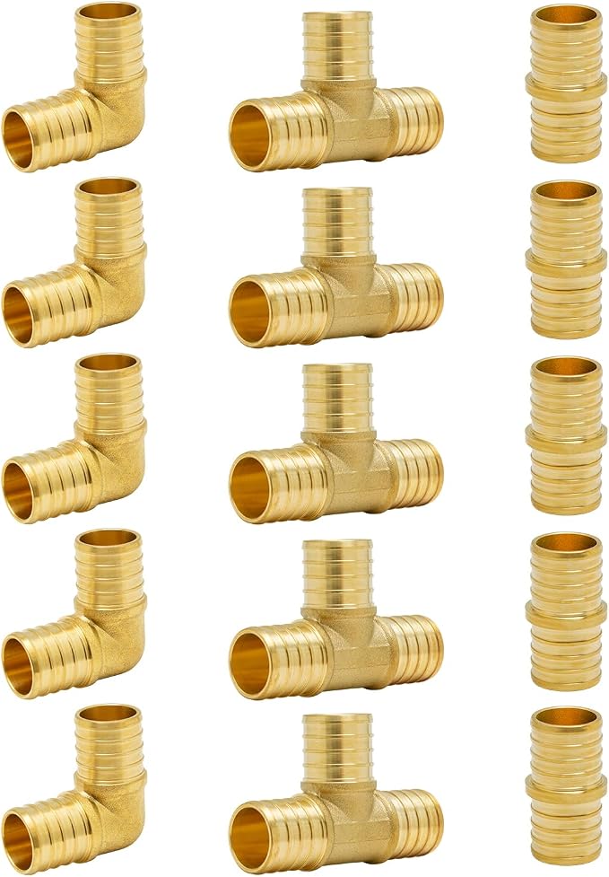 15-Pack 1 Inch PEX Fittings Kit, 5 Each Elbow Tee Coupling | Brass Crimp Pipe by SUNGATOR