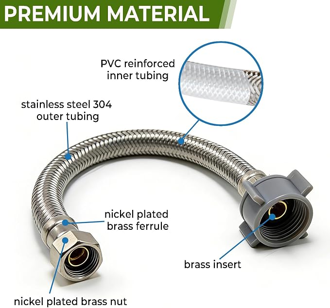 TTFLEX 12" Toilet Water Supply Line 3/8" Comp x 7/8" BC Toilet Hose | Toilet - Image 3