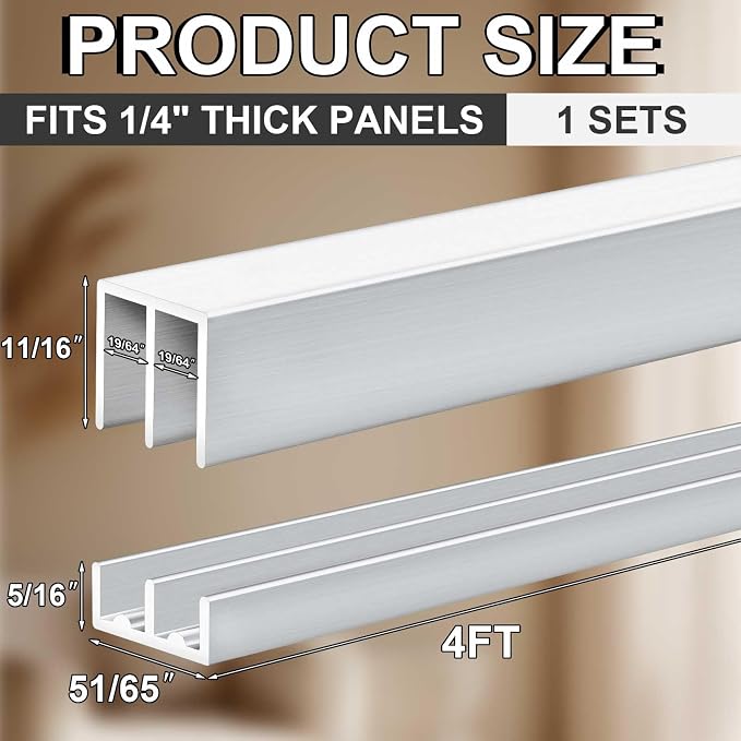 1 Set 4 ft Silver Aluminum Sliding Door Track Set - Image 2